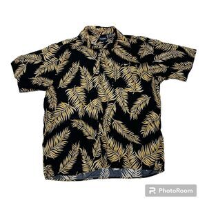 Puritan Men Button Up Shirt Large Yellow Leaf Print Hawaiian Short Sleeve Collar